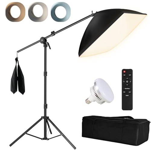 Niceveedi Softbox, 50 x 70 cm Foto-Licht-Set mit 203 cm Stativ und 150 cm Galgenarm, 85 W Videoleuchte mit 2700 K-6500 K Glühbirne und Fernbedienung, für...