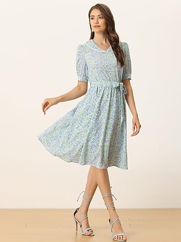 Image of Allegra K Women's Vintage Peter Pan Collar High Waist Flowy Midi Puff Sleeve Floral Dress