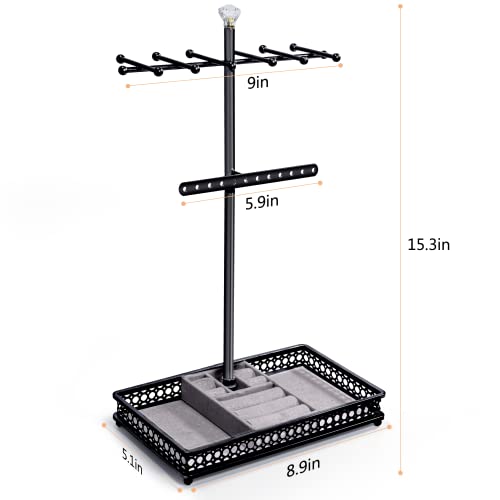 Meangood Jewelry Tree Stand Organizer 3In1 Necklace Organizer Display Bracelet Earrings And Ring Tray Jewelry Holder Hanger Metal（Black） #TOP6