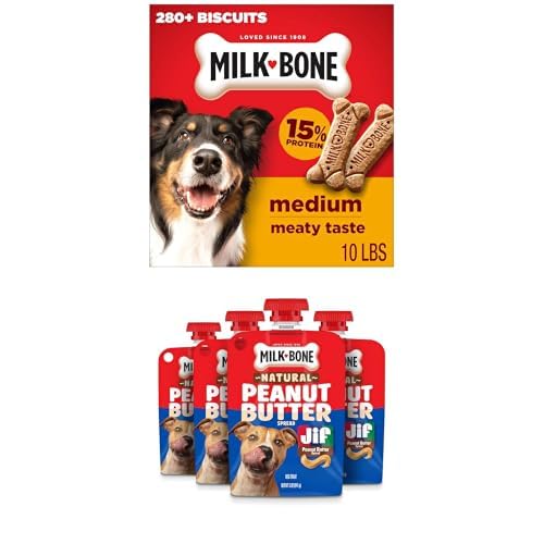 Image of Bundle of Milk-Bone Crunchy Medium Dog Treats, 10 Lb. Box, Original Beef Flavor + Milk-Bone Natural Peanut Butter Spread with Jif, Lickable Dog Treats in a Squeezable Pouch, 5 Oz. (Pack of 4)