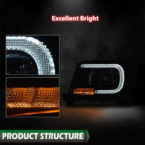 Image of GRAND ORANGE LED DRL Tube Halo Projector Headlights Assembly w /o Bulbs Compatible with 2005-2011 Toyota Tacoma Headlamps Smoke Lens Black Housing Clear Reflector Driver & Passenger Side