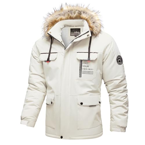 Oanviso Herren Winterjacke Warm Fleecejacke Männer Skijacke Lang Wintermantel Campingjacke mit Abnehmbarer Kapuze Gefütterte Angeljacke Winddicht Übergangsjacke A Weiß XL