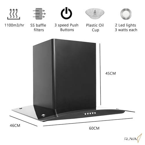 RUWA DOVE 60cm Wall Mount Kitchen Chimney | 1100 m³/hr Suction | Stainless Steel Baffle Filter | Push Button Controls | 3W LED Lights | Plastic Oil... - Image 3