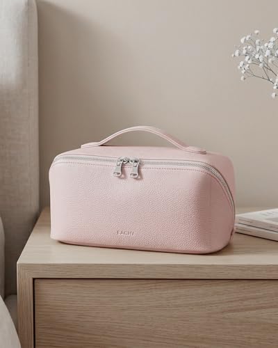 Image of EACHY Travel Makeup Bag, Lychee Large Capacity Cosmetic Bag for Women, Open Flat Toiletry Bag with TPU Brush Compartment, Waterproof Skincare Organizer Travel Essentials (AI-Ash Pink, Medium)
