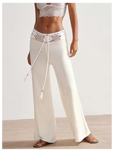 SOLY HUX Women's Knit Pants Crochet Hollow Out Low Rise Drawstring Elastic Waist Casual Vacation Long Trousers3