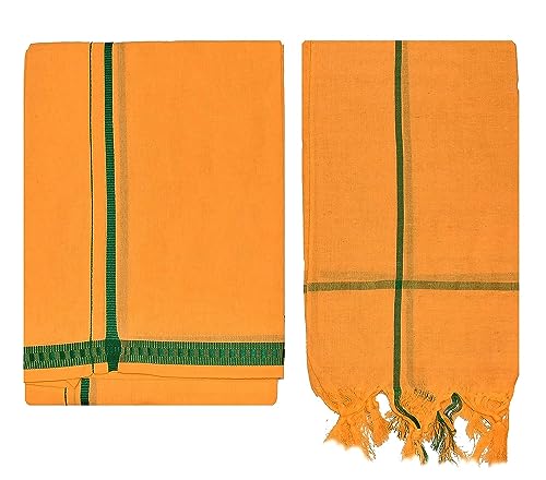 Kolakeer™ Men's Cotton Color Dhoti Set - 1.9 Mtrs Dhoti with 1.2 Mtrs Angavastram - Pentex Mundu Angavastram Set (Sandal)