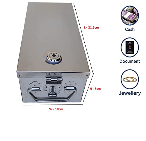 Image of Stainless Steel Bank Safe Locker Box, Cash Drawer, Jewellery Storage Container Peti Size - 8 Inch Cash Box (L-21cm, W-10cm, H-8cm)(With Pre fited Lock & 2 Key