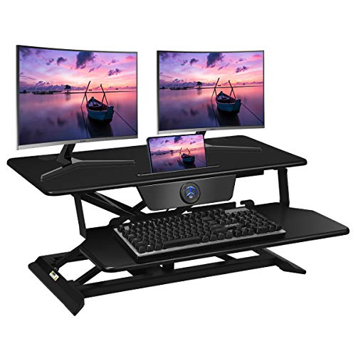 Tangkula 36 Inch Electric Standing Desk Converter, Height Adjustable Stand up Desk with Removable Keyboard Tray, Dual Monitor Sit to Stand Desk