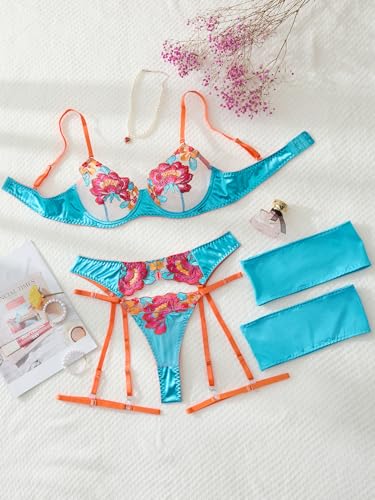 Image of Lilosy Sexy Leaf Floral Embroidered Mesh Sheer Women Underwire Push Up Lingerie Set