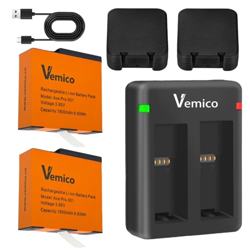 Vemico 360 Ace Pro2 互換バッテリー 1800mAh大容量バッテリー 2個 360 Ace予備電池 360Ace Pro バッテリーチャージキット 付属のLED充電器 Type-Cと Micro USB ポートの同時充電が可能 PSE認証済み(For インスタ360 Ace Pro 2/360 Ace Pro/360 Aceカメラに対応)