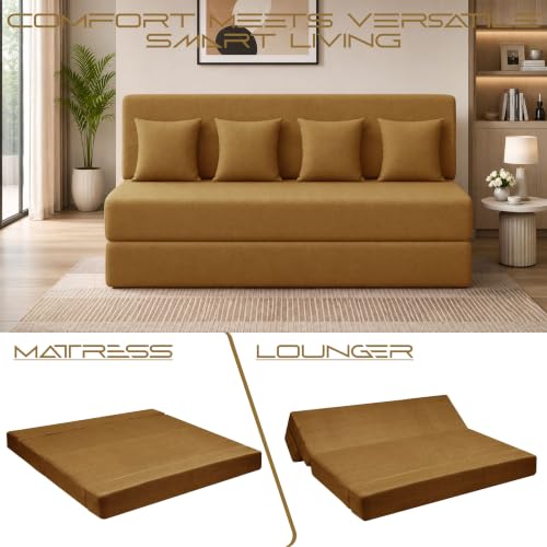 Image of Los Angeles Foldable Four Seater Sofa Cum Bed, Sofa Bed 6 X 6 Ft Jute Fabric Washable Cover- Including Cushion Perfect for Living Room - Golden