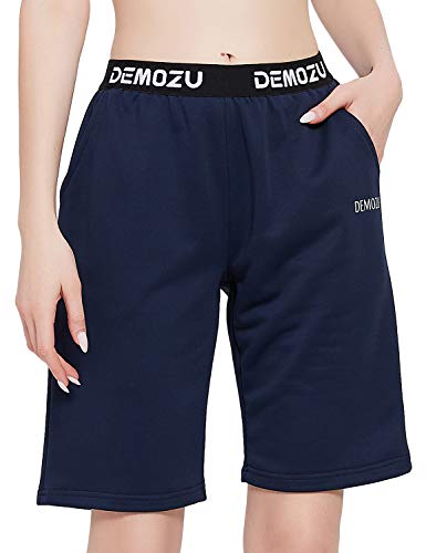 DEMOZU Women's 10 Inch Lounge Bermuda Shorts Active Workout Jogging Running Yoga French Terry Knit Casual Sweat Shorts with Pockets, Navy Blue, XL