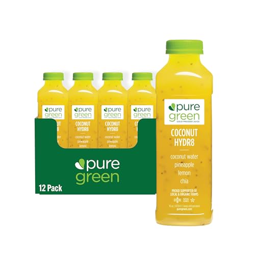 Pure Green Cold Pressed Coconut Water Juice – 12 Bottles 16oz | Electrolyte Hydration & Recovery Support | Coconut, Pineapple, Lemon & Chia Seeds | Non-GMO, Gluten Free