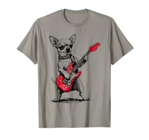Vintage Chihuahua Rock Funny Dog Playing Guitar Rock Style T-Shirt