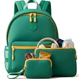 3pc SET Neoprene Toddler Travel Backpack with 2 zipper pouches & kids airtag holder |Green Kids Travel Backpack for airplane | Toddler airplane travel essentials preschool backpack | Mini diaper bag