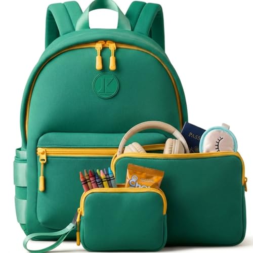 Kaywee 3pc SET Neoprene Toddler Travel Backpack with 2 pouches & airtag holder |Green Kids Travel Backpack for airplane | Toddler airplane travel essentials kids preschool backpack | Mini diaper bag