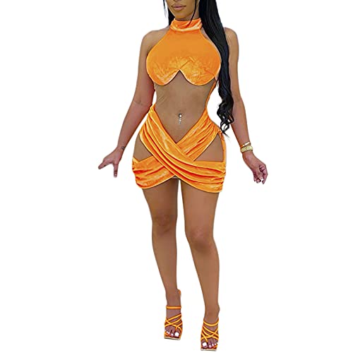 Sedmoda Womens Sleeveless See Through Club Outfits Dress Sexy Sheer Mesh Velvet Patchwork Bodycon Mini Dress Orange #TOP5
