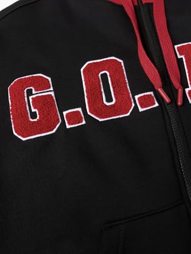 Image of The Souled Store G.O.A.T Men and Boys Full Sleeves Hooded Neck Black Embroidered Cotton Blend Oversized Fit Premium Fleece Zipper Hoodie