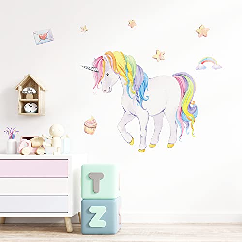 Funlife 9 Pcs Peel And Stick Unicorn Rainbow Wall Decals, Self Adhesive Pvc Wall Stickers, Star Ice Cream Mural Decor Decal For Girls Bedroom Nursery Kids Room, 15.7" X 45.6" #TOP3