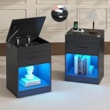 Nightstands Set of 2 Black with RFID Lock Cabinet, LED Night Stand with Charging Station, Wooden Smart Nightstand for Concealment, Bedroom Nightstand with Drawer, Modern Hidden Compartment Furniture