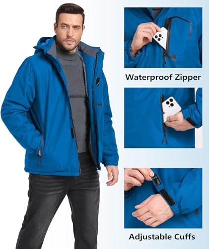 Image of Mens Winter Jackets Waterproof Warm Fleece Ski Jacket with Hood Thermal Windproof Coat Zip Pockets