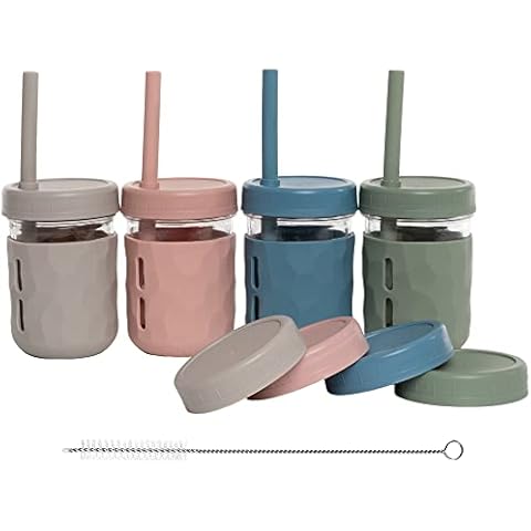 WeeSprout Glass Cups With Lids & Straws, Spill-resistant Cups for Toddlers & Kids, Triple as Toddler Cups, Baby Food Storage & Snack Jars, XL Silicone Straws, Easy-grip Sleeves, Set of four 8 oz jars Cover