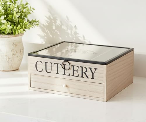 Maison Des Cadeaux Vintage Wooden 5 Compartment Cutlery Utensil Holder Dishware Organiser Box, Window Lid, Easy-Cleanable Drawer (US380)