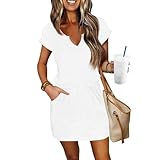 Plus Size Dresses Trendy Fashion Summer Dresses 2025 Drawstring Waist Sundresses with Pockets Short Sleeve Vneck Traje De Bano para Mujer Vacation Outfits a White,L