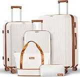 Ystyle Juego de Maletas de Viaje 5 Piezas Rígidas ABS, Trolley Maleta de Cabina, Incluye Equipaje de Mano, Maletas Facturables y Neceser, Ligero y Resistente, Candado TSA, Blanco Marrón