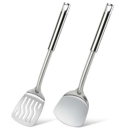 2 Pcs Stainless Steel Spatulas Set, Metal Spatula Solid & Slotted Turner, Heavy Duty Sturdy Spatula for Kitchen Use, High Heat Resistant Cooking Utensils for Fish Eggs Pancakes, Easy to Clean, Silver