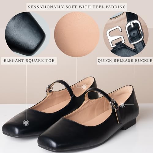 WONDERWAY Women Mary Jane Shoes,Square Toe Flats Ballet Flats for Women, Comfortable Ankle Strap,Easy to take on and Off,Matched with Skirts, Dress,Jeans and More.2