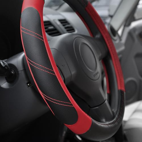 Image of Elantrip Leather Steering Wheel Cover 14 1 /2 to 15 inch Universal Padded Soft Grip Breathable for Car Truck SUV Jeep Anti Slip Black and Red