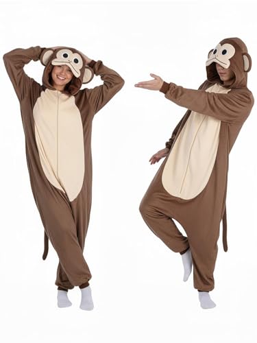 ROC PARTY Monkey Onesie Costume for Adults - Jungle-Themed Animal One-Piece Pajamas for Halloween Cosplay & Party (Monkey Medium)