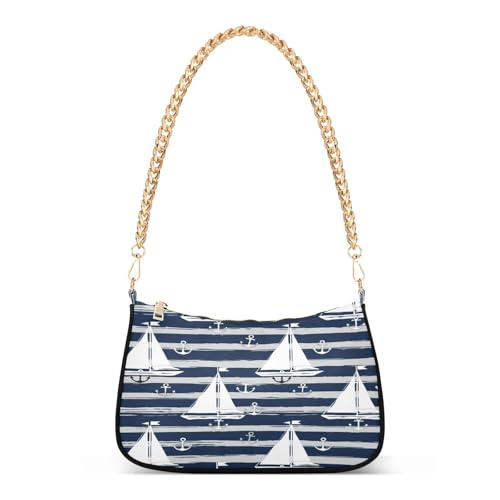 Shoulder Bag for Women Sailboats Navy Stripes Tote Handbag Crossbody Bag with Zipper Closure