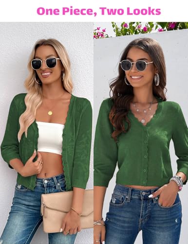 Image of Women Crop Cardigan Sweaters Lightweight 3 /4 Sleeve Button Up Crochet Shrug | Textured Bolero For Dresses Dressy Casual, V Neck, Ladies Eyelet Shawl Thin Trendy