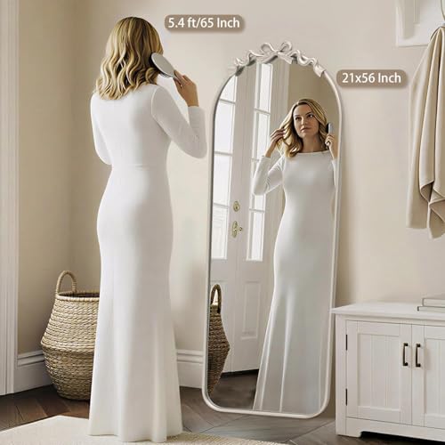 Image of Besdomus Arched Mirror Full Length: 21 inchx56 inch Vintage Bow Silver Floor Mirror | French Antique Baroque Traditional Ornate Standing for Entryway /Cloakroom /Bedroom - Ideal for Fashion-Conscious Ages 18-45