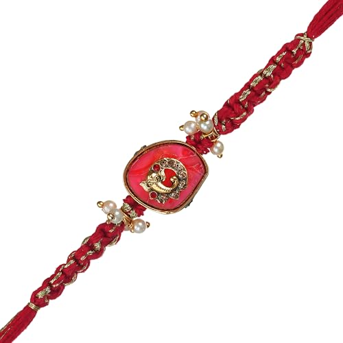 Image of eCraftIndia Red Ganesha Rakhi for Brother Bhaiya Bhai with Best Bro Ever Fridge Magnet | Roli Chawal Pack