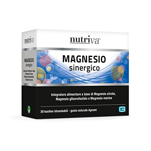 NUTRIVA Magnesio Sinergico, Integratore Alimentare Magnesio Citrato, Marino e Glicerofosfato, Energia, Muscoli, Stanchezza e Affaticamento, Sistema Nervoso. 30 Bustine Idrosolubili, Agrumi, Vegan