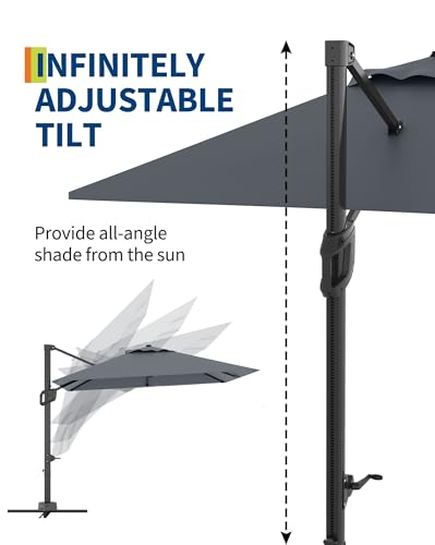 Large Cantilever Patio Umbrella, 10' X 10' Heavy Duty Aluminum Cantilever Offset Outdoor Umbrella with 360-Degree Rotation for Backyard, Deck, Pool, Gray