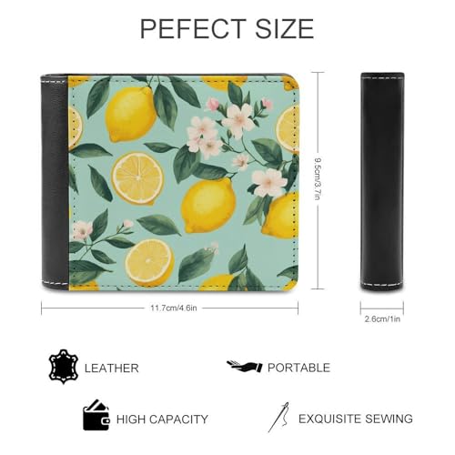 Men's Slim Front Pocket Wallet, Lemon Tree Leaves Tropical Flowers Floral Pu Leather Small Purses Waterproof Business Credit Card Holder for Travel Office2