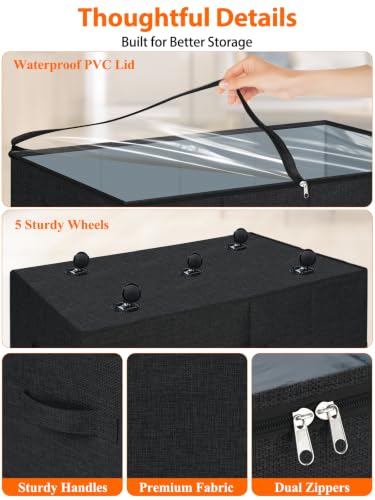 Image of punemi 10 inch Tall 75L Under Bed Storage Bins with Wheels, Rolling Storage Bin | Clear Lids,360 Wheels,for Clothes, Shoes, Blankets & Bedding, Closet, Shelf & Dorm Organization,2-Pack, Black
