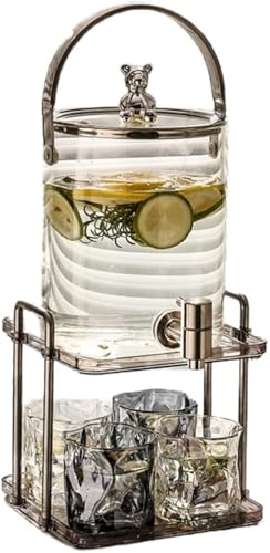 Arfobug 飲料サーバー ガラス製ウォーターボトル 飲料缶 冷蔵タンク 蛇口ラック付き ウォーターカップ付き 飲料水バケツ 梅酒 ジュース ビール 密閉タンク レストラン パーティー ホテル ガラス製冷水ケトル 蛇口付きバケツセット 大容量 家庭用冷水