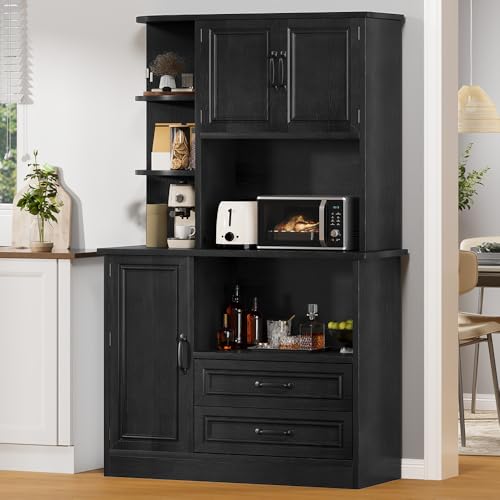 DWVO Kitchen Pantry Storage Cabinet, 64" H Kitchen Hutch Cabinet with Power Outlet, Sliding Racks with Door, Drawers with Doors and 3-Tier External Shelves for Living Room, Dining Area (Black)