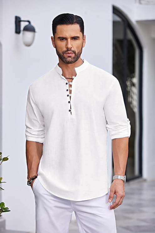 Image of FINIVO FASHION Men's Straight Fit Cotton Blend Kurta with Foldable Sleeves & Formal Collar - Solid Color, Pack of One