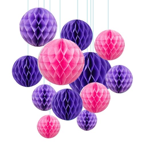 Image of ZOOYOO 12Pcs 6 inch 10 inch Honeycomb Balls Decorations Hanging Tissue Paper Pom Poms for Birthday Wedding Engagement Girls Party Baby Shower Decorations(Purple Pink)