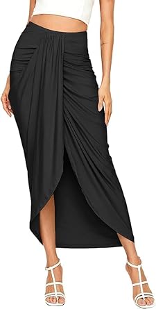 SheIn Women’s Casual Slit Wrap Asymmetrical Elastic High Waist Maxi Draped Skirt