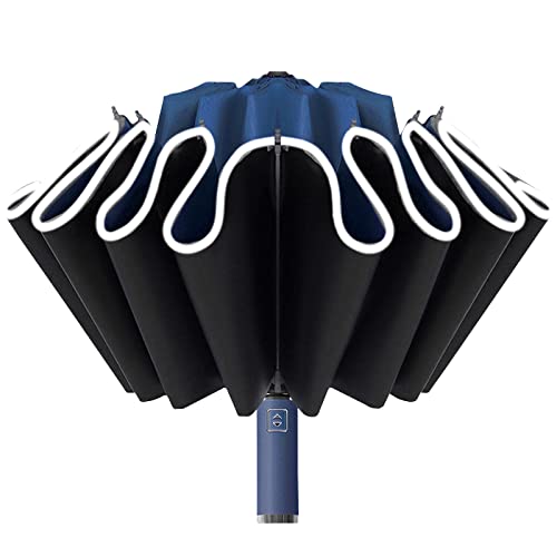 Lahoni Winddichter, umgekehrter Faltschirm, Wärmeisolierung, UV-beständig, Sonnenschutz, automatisches Öffnen mit reflektierenden Streifen, Marineblau Cover