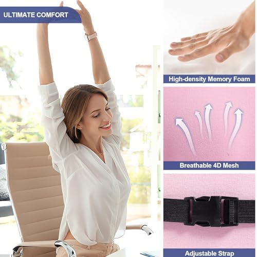 Image of BYMECOST Lumbar Support Pillow for Car, Memory Foam Car Seat Back Support Pillow for Driving, Back Cushion with Strap for Pain Relief, Ergonomic Back Cushion for Office Chair, Wheelchair (Pink)