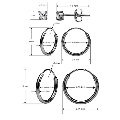 3 Pairs Sterling Silver Earrings Set for Women Girls 10mm 12mm Endless Hoops & 3mm Round CZ Stud Design4