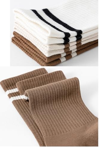 Image of Deeorla Womens Striped Crew Socks Brown Vintage Retro Athletic Socks 5 Pairs
